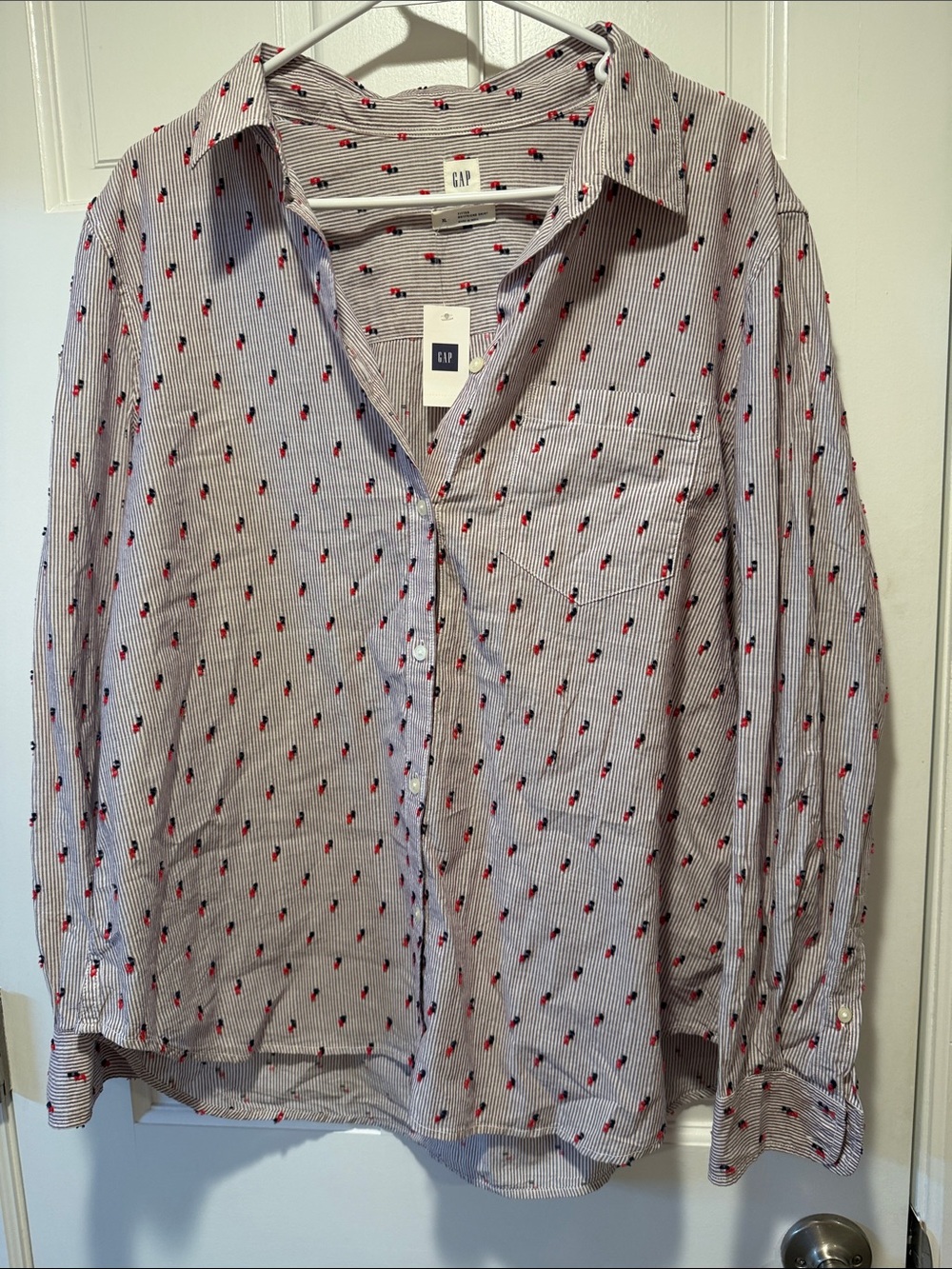 GAP Men's Blue-Striped Button-Down Shirt with Red Cherry Motif